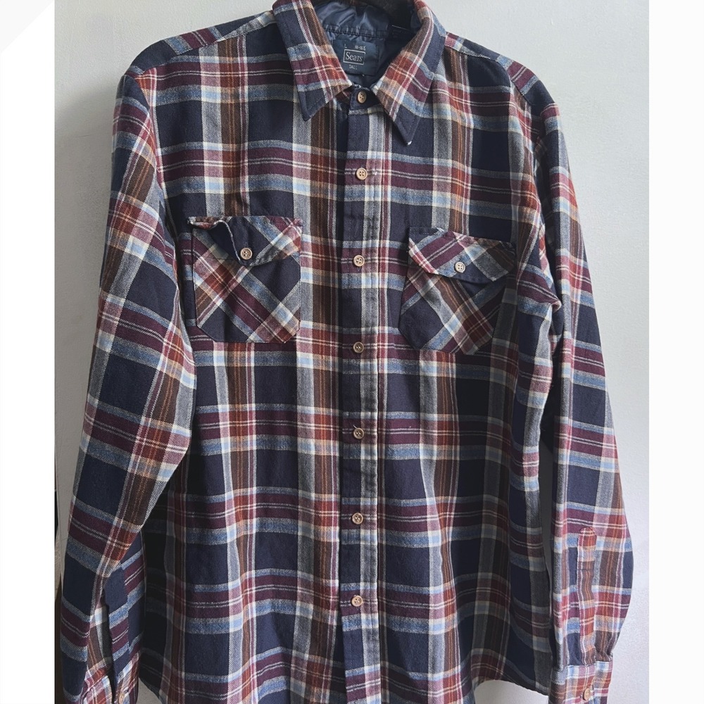 Vintage Sears Mens Tall Plaid Flannel Shirt Set of 2 Acrylic Long Sleeve Large